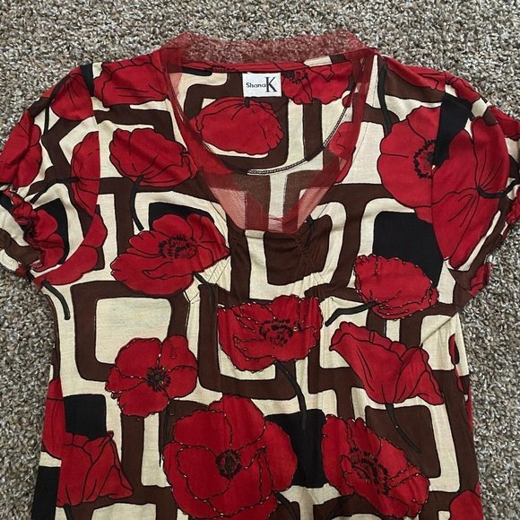 Shana K Womens Beaded Blouse Extra Large Red Floral Cap Sleeve V-neck Bodycon - Picture 2 of 12